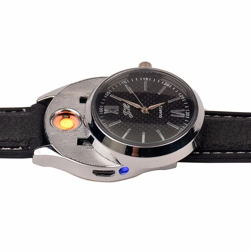 New Windproof Flameless USB Lighter Watch Electric Quartz Watches Men Women Luxury Wristwatches   Rechargeable Cigarette Lighter
