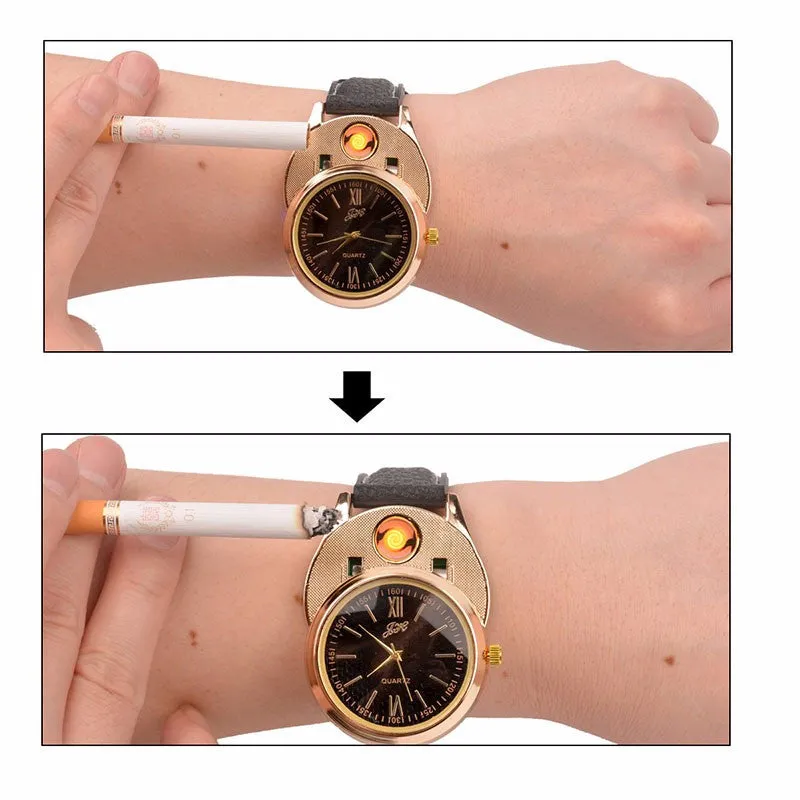 New Windproof Flameless USB Lighter Watch Electric Quartz Watches Men Women Luxury Wristwatches   Rechargeable Cigarette Lighter