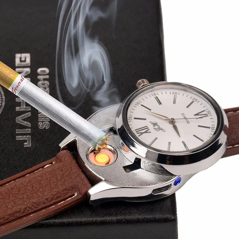 New Windproof Flameless USB Lighter Watch Electric Quartz Watches Men Women Luxury Wristwatches   Rechargeable Cigarette Lighter