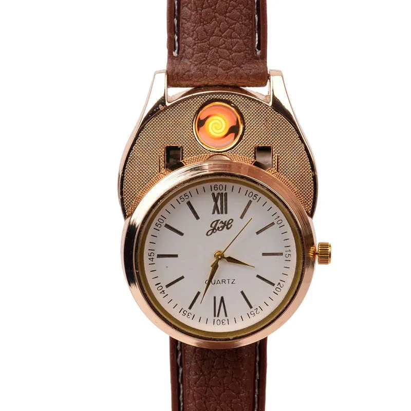 New Windproof Flameless USB Lighter Watch Electric Quartz Watches Men Women Luxury Wristwatches   Rechargeable Cigarette Lighter