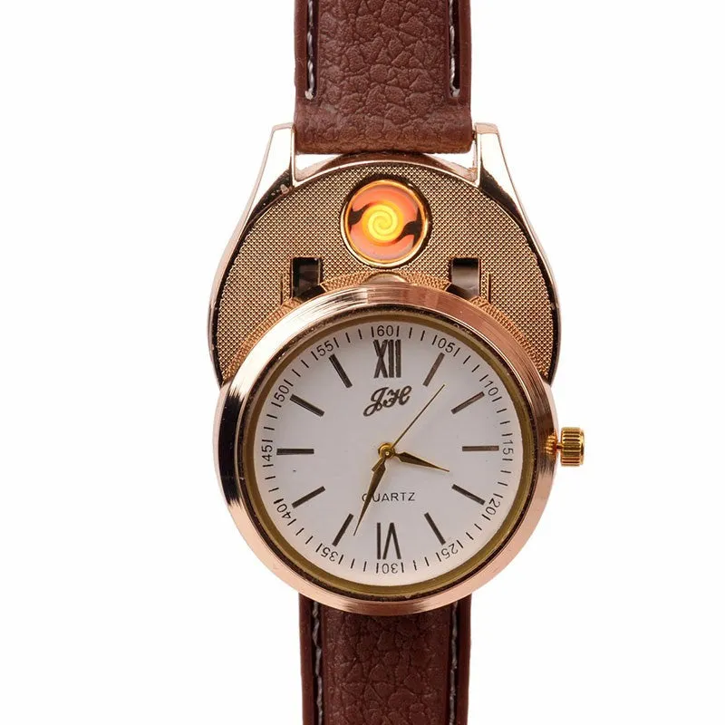 New Windproof Flameless USB Lighter Watch Electric Quartz Watches Men Women Luxury Wristwatches   Rechargeable Cigarette Lighter