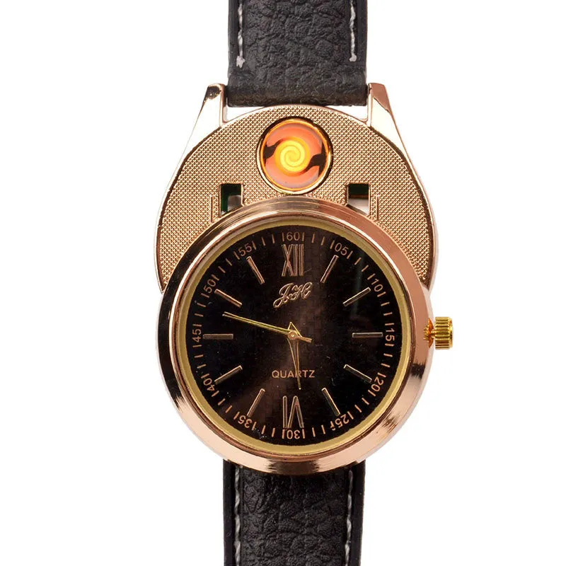 New Windproof Flameless USB Lighter Watch Electric Quartz Watches Men Women Luxury Wristwatches   Rechargeable Cigarette Lighter
