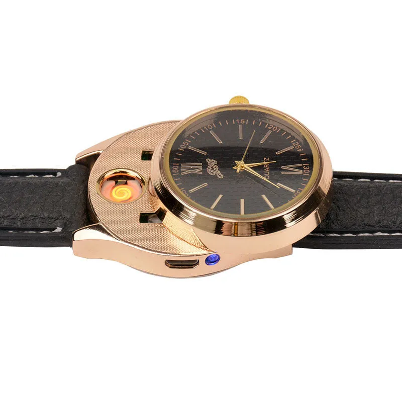 New Windproof Flameless USB Lighter Watch Electric Quartz Watches Men Women Luxury Wristwatches   Rechargeable Cigarette Lighter