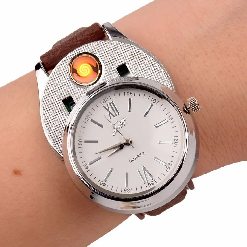 New Windproof Flameless USB Lighter Watch Electric Quartz Watches Men Women Luxury Wristwatches   Rechargeable Cigarette Lighter