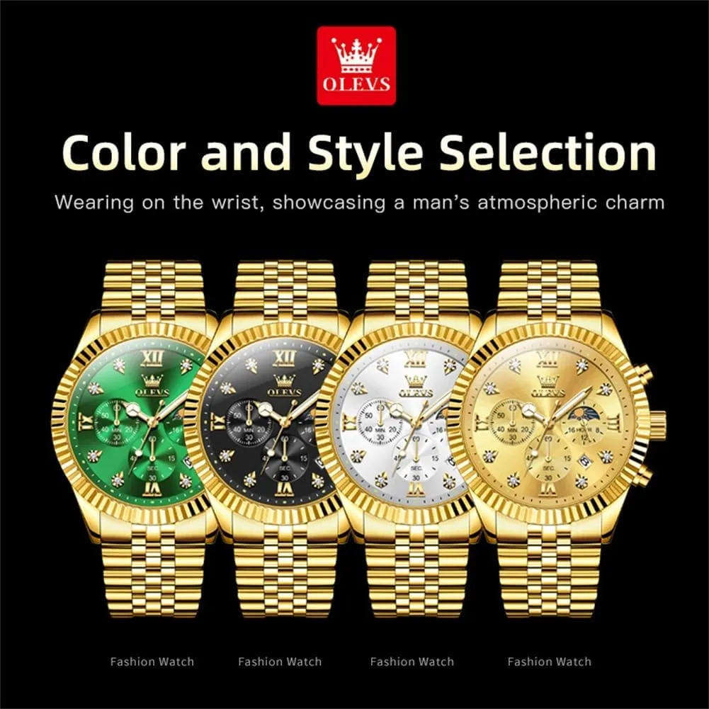 OLEVS Mens Watches Luxury Business Stainless Steel Chronograph Moon Phase Waterproof Date Analog Quartz Dress Watches for Men,Silver/Blue/Black/Gold Dial