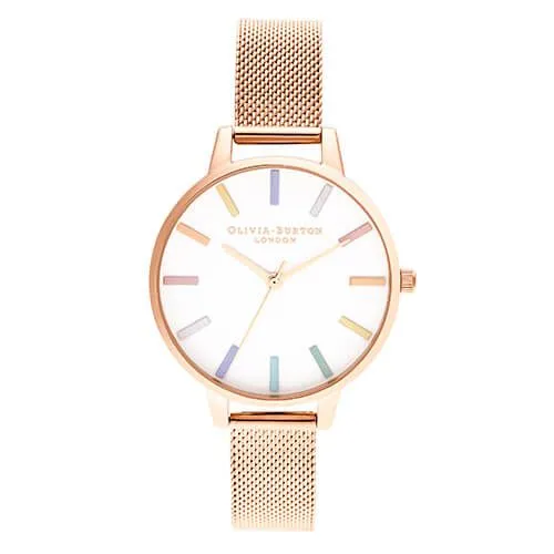 Olivia Burton Rose Gold Plated Rainbow Mesh Watch