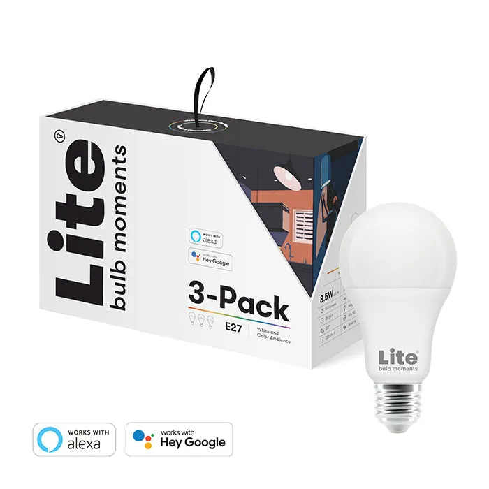 [OPEN BOX] LITE BULB MOMENT A60 RGB LED Lamp 2700-6500K E27 8.5 Watts WiFi & Bluetooth - 3 Pack- White