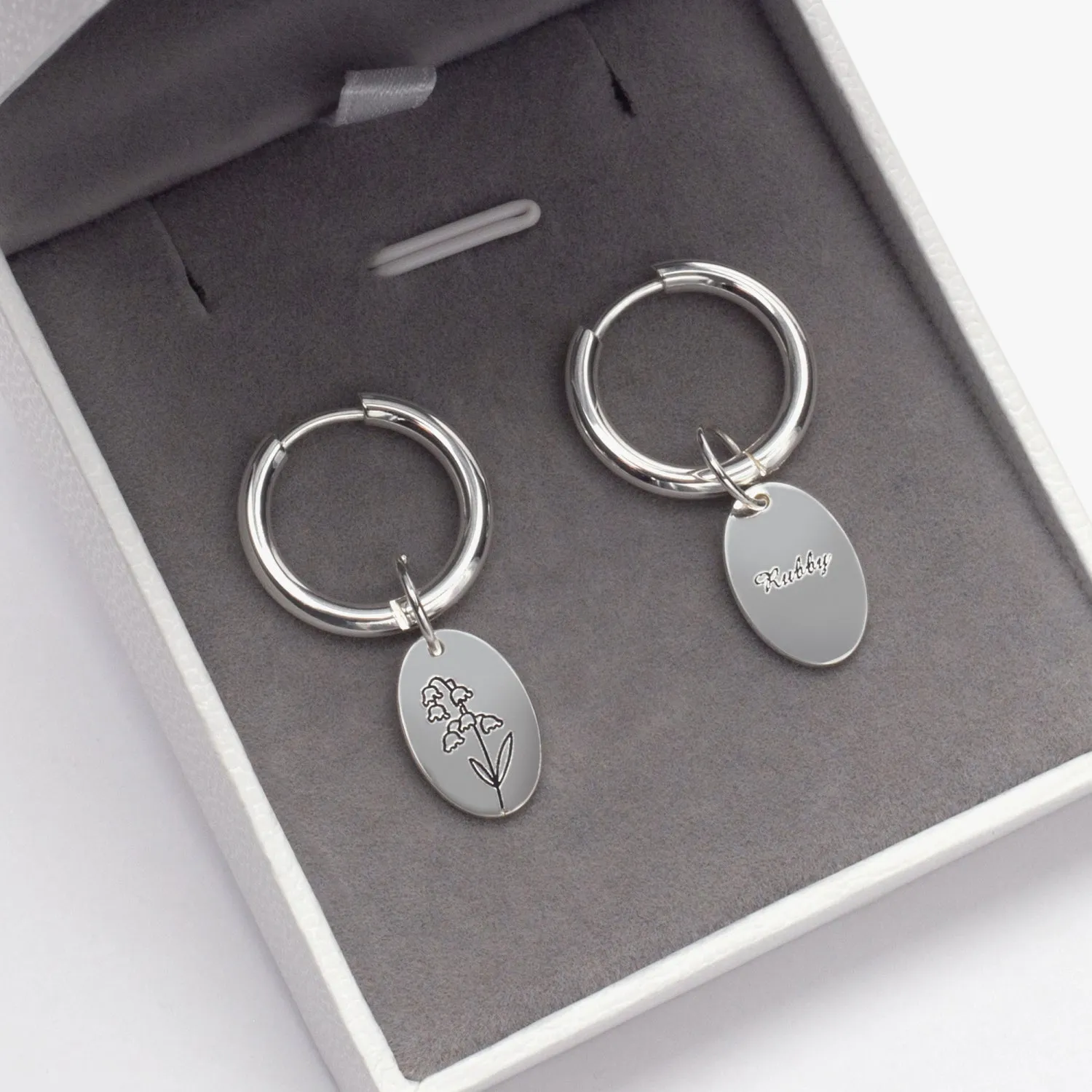 Personalized Birth Month Flower Earrings, Floral Signet Hoops, Custom Name Engraved Jewelry