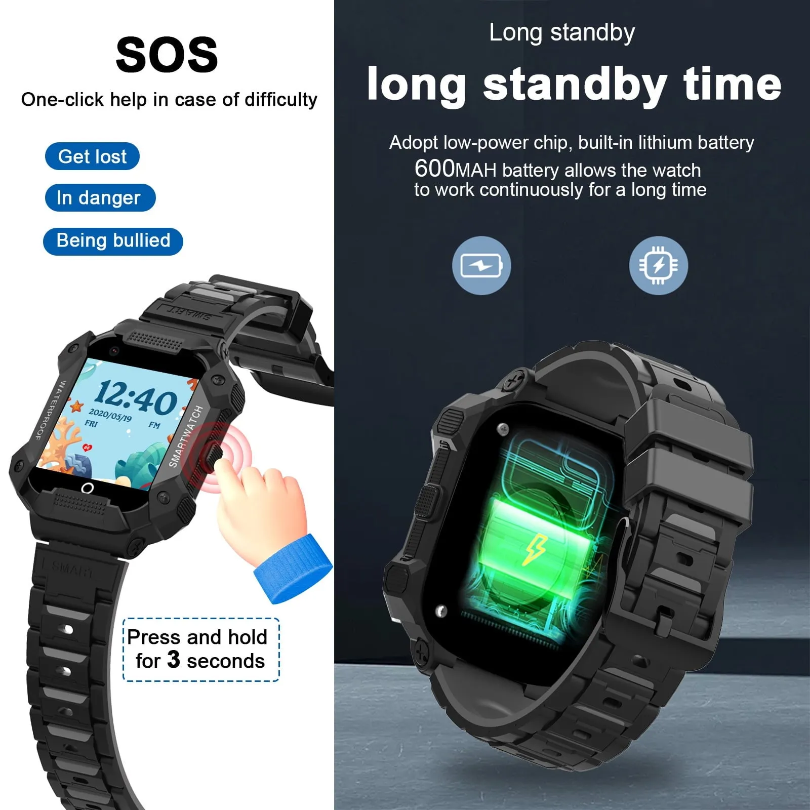 PTHTECHUS S07 Smart Watch for Boys Girls Smartwatch for Kids with 4G SIM GPS Video Call Pedometer MP3 Flashlights Calculator Alarm Clock Children Touch Screen Black