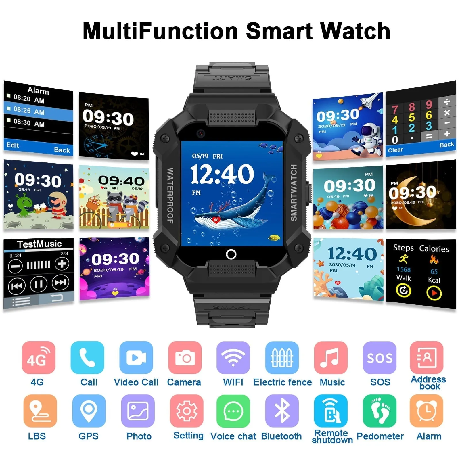 PTHTECHUS S07 Smart Watch for Boys Girls Smartwatch for Kids with 4G SIM GPS Video Call Pedometer MP3 Flashlights Calculator Alarm Clock Children Touch Screen Black