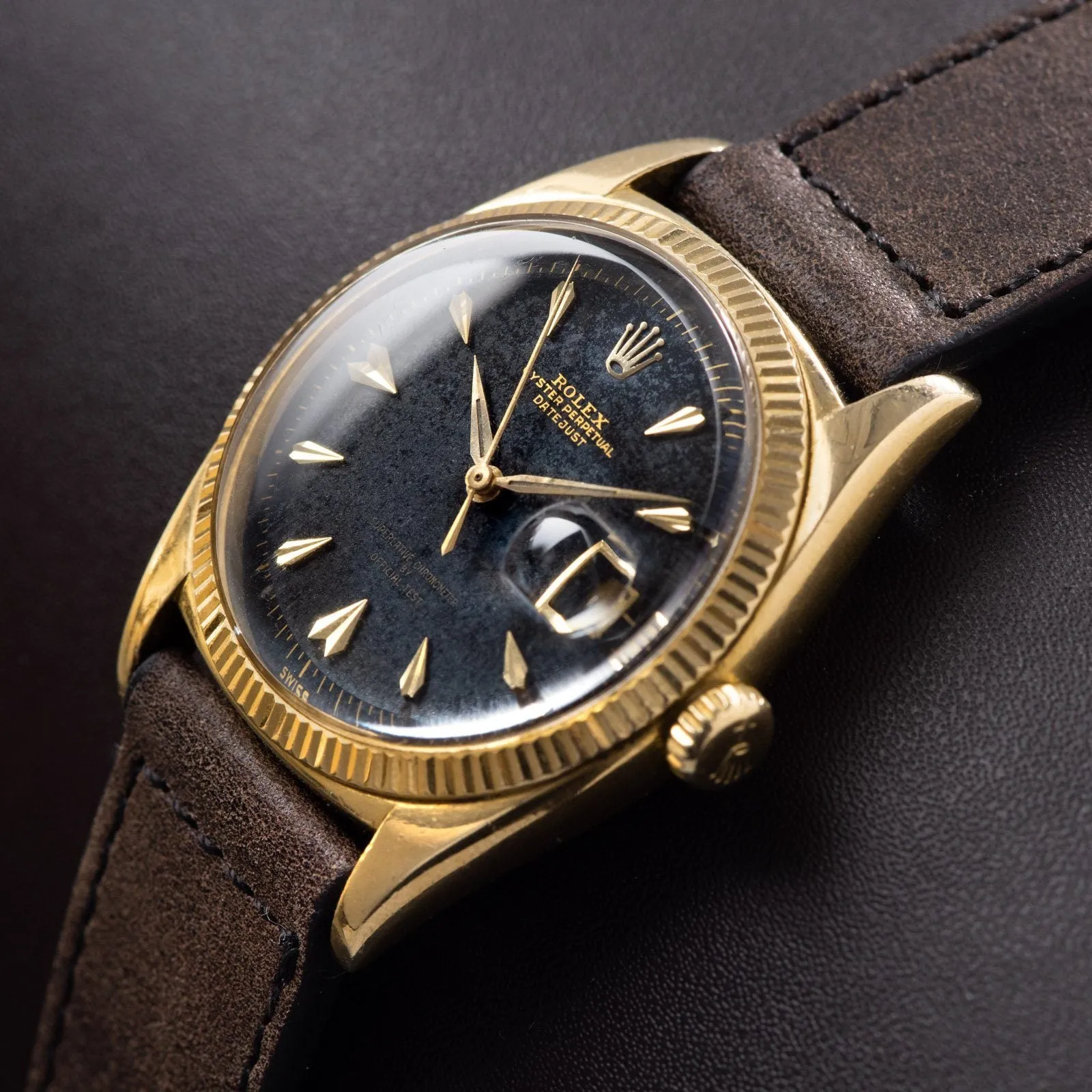 Rare Rolex Datejust ref 6605 Black Gilt Dial with 'OFFICIAL TEST' Text