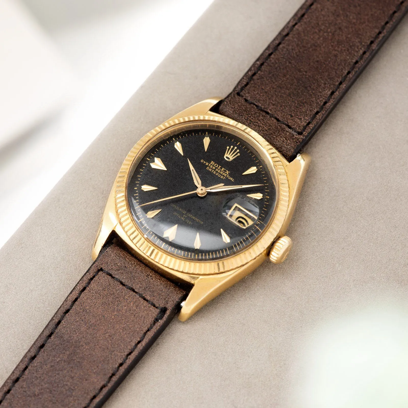 Rare Rolex Datejust ref 6605 Black Gilt Dial with 'OFFICIAL TEST' Text