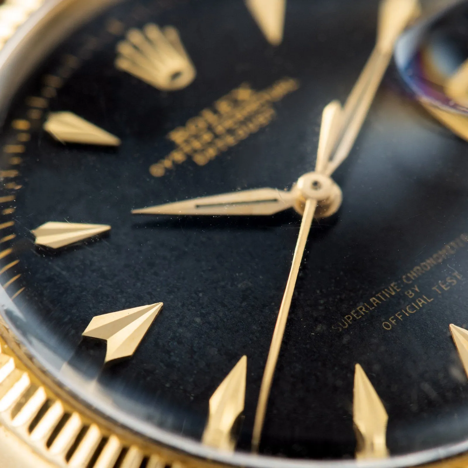 Rare Rolex Datejust ref 6605 Black Gilt Dial with 'OFFICIAL TEST' Text