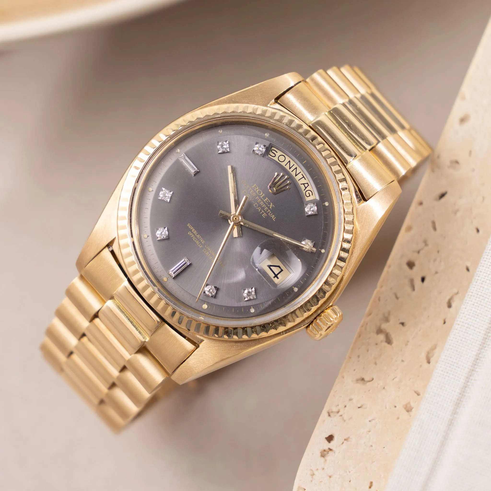 Rolex Day-Date Rare Grey Soleil Diamond Dial in 18k Yellow Gold Ref. 1803