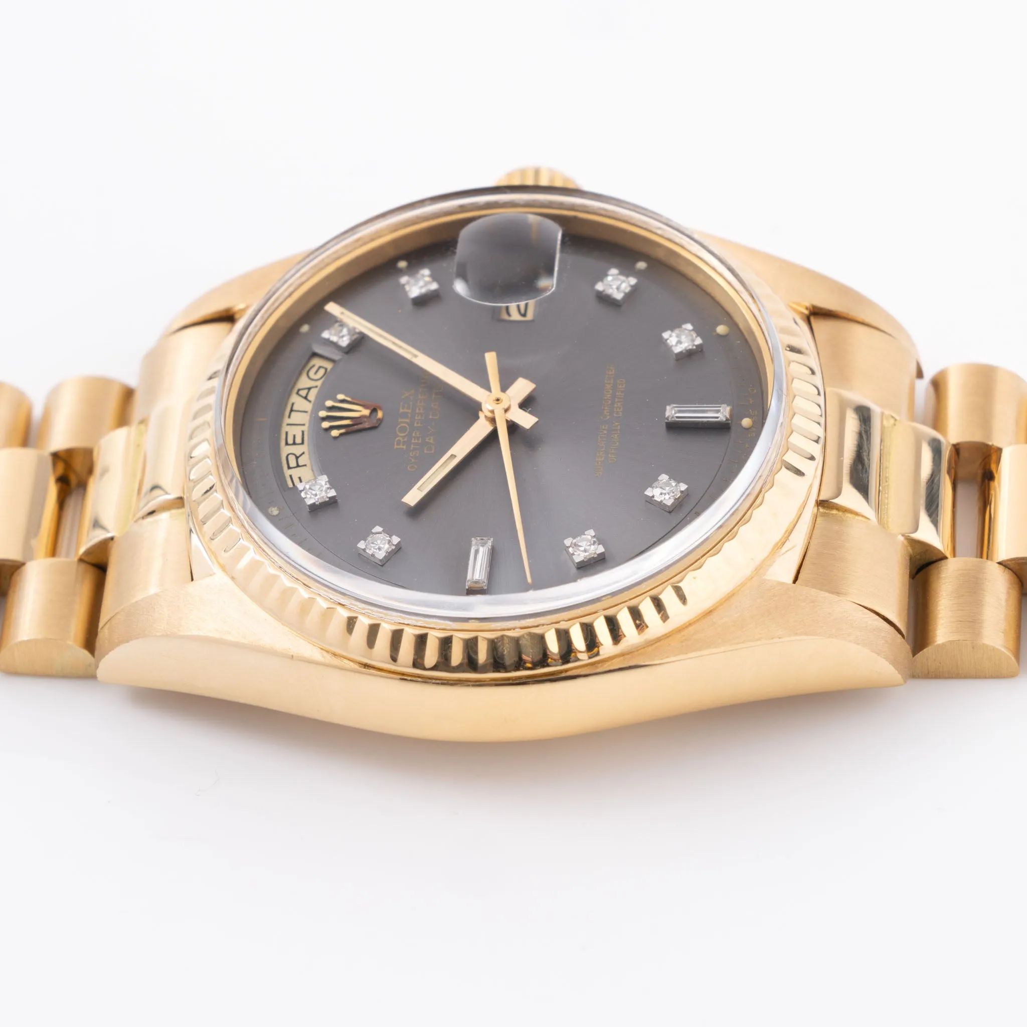 Rolex Day-Date Rare Grey Soleil Diamond Dial in 18k Yellow Gold Ref. 1803