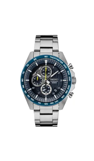 Seiko Mens Essentials Stainless Steel Bracelet Black Blue Dial Chronograph Quartz Watch - SSB321