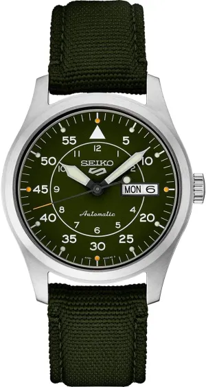 SEIKO SRPH29 Watch for Men - 5 Sports - Automatic with Manual Winding Movement, Green Dial, Stainless Steel Case, Green Nylon Strap, 100m Water Resistant, with Day/Date Display