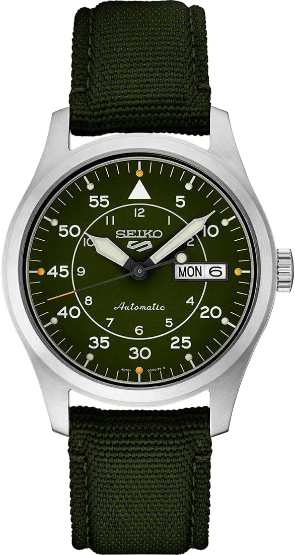 SEIKO SRPH29 Watch for Men - 5 Sports - Automatic with Manual Winding Movement, Green Dial, Stainless Steel Case, Green Nylon Strap, 100m Water Resistant, with Day/Date Display