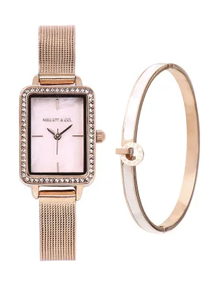 Shirley Rose Gold Mesh Watch with Bangle Set (Salmon)