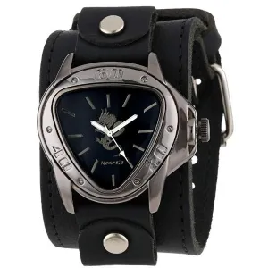 Silver Dragon Gunmetal Black Watch with Stitched Black Leather Cuff
