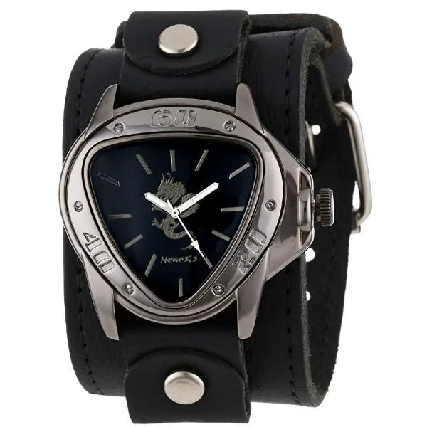Silver Dragon Gunmetal Black Watch with Stitched Black Leather Cuff