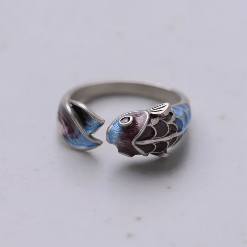 Silver Retro Blue Koi Fish Ring