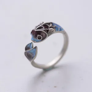 Silver Retro Blue Koi Fish Ring