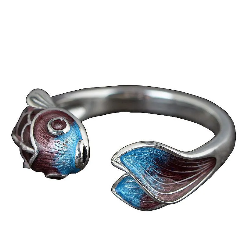 Silver Retro Blue Koi Fish Ring