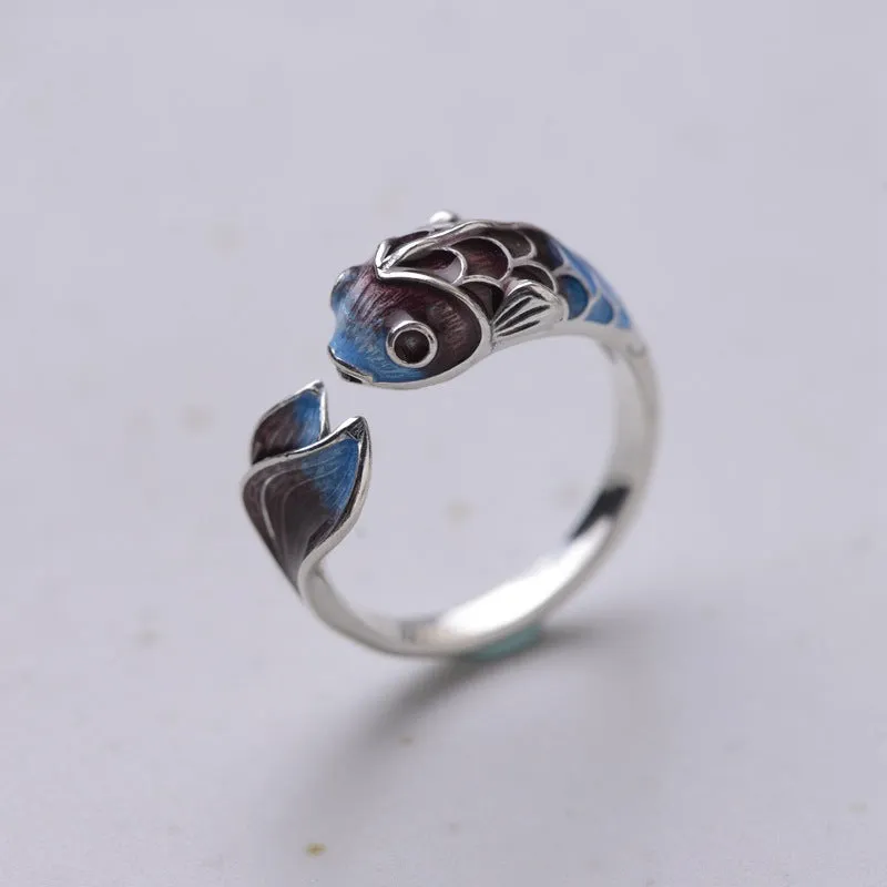 Silver Retro Blue Koi Fish Ring