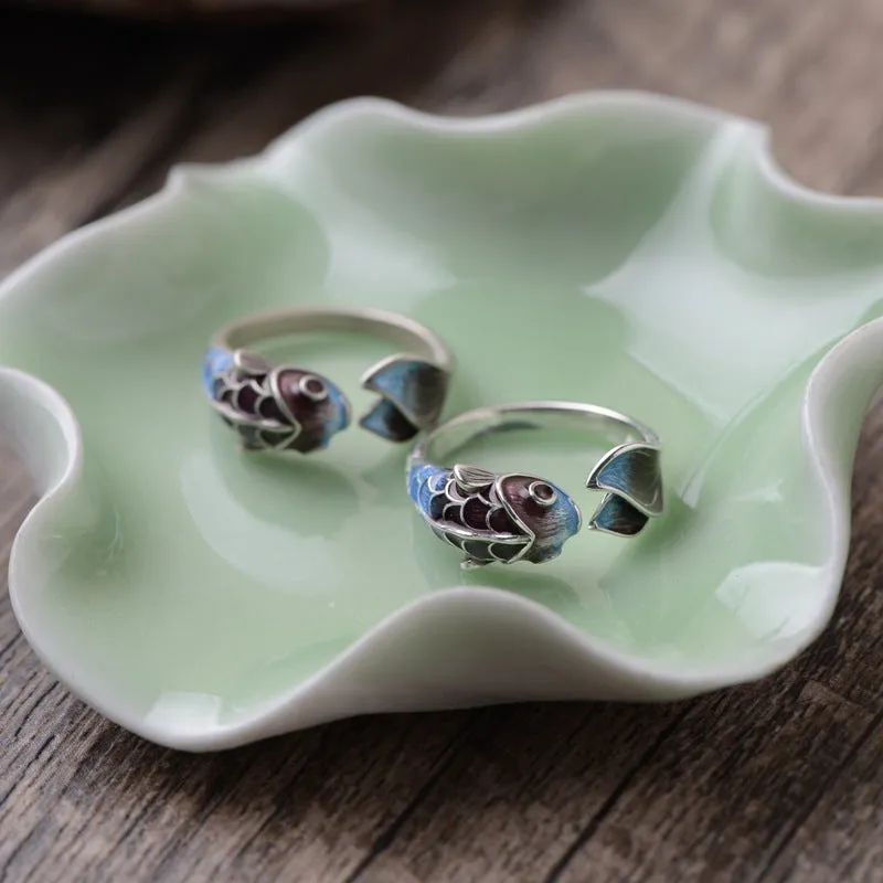 Silver Retro Blue Koi Fish Ring