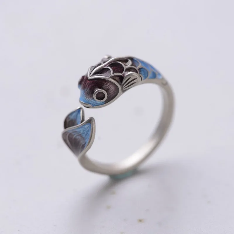 Silver Retro Blue Koi Fish Ring
