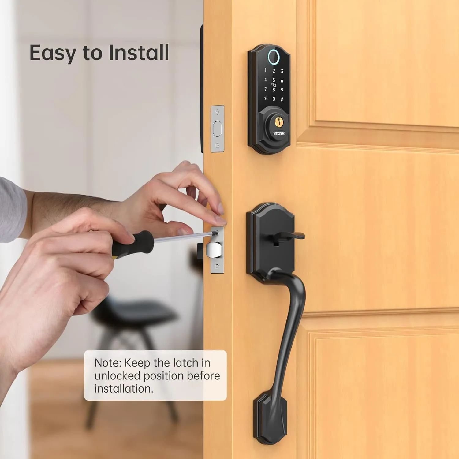 SMONET Smart Fingerprint Deadbolt Front Door Lock with Handle - Keyless Entry, Bluetooth, Digital Keypad, Auto Lock, Works with Alexa - Black