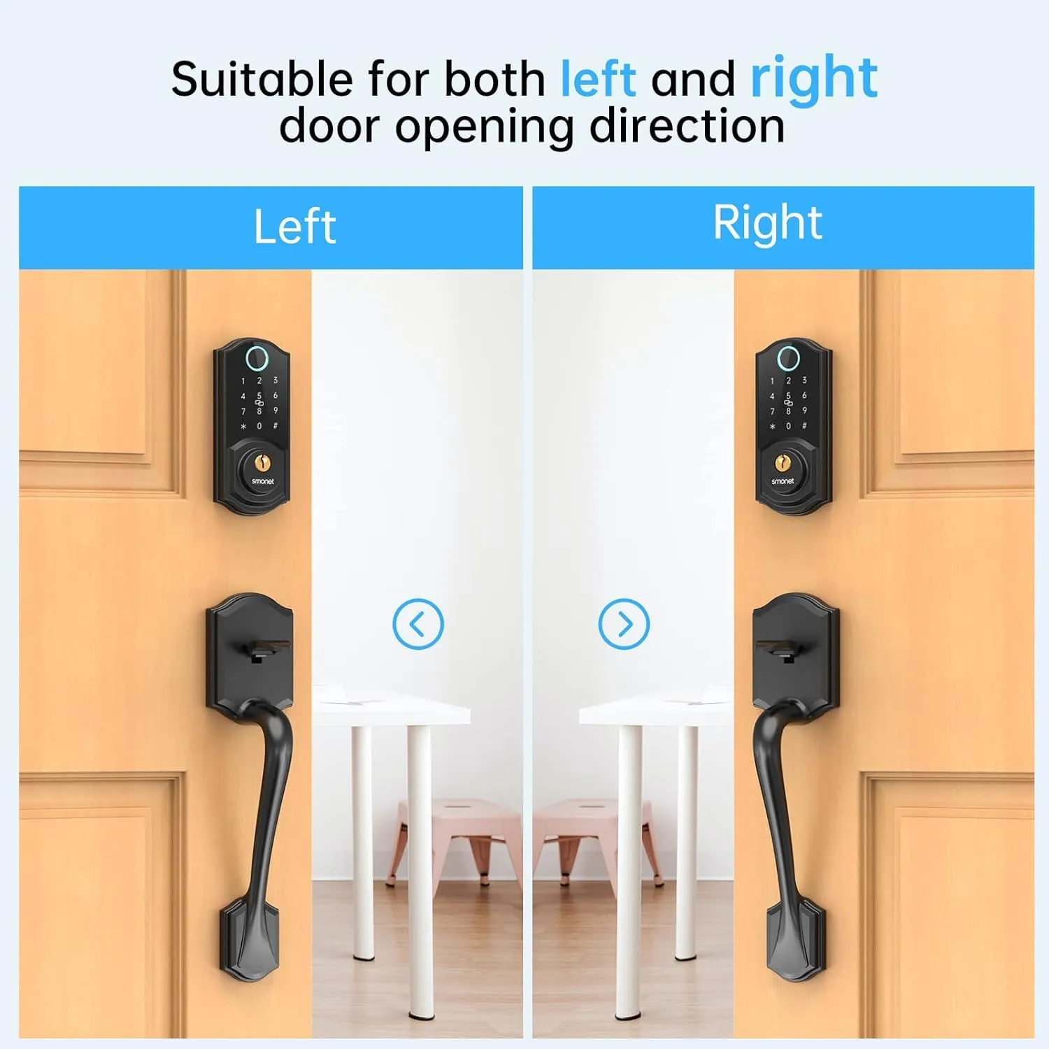 SMONET Smart Fingerprint Deadbolt Front Door Lock with Handle - Keyless Entry, Bluetooth, Digital Keypad, Auto Lock, Works with Alexa - Black