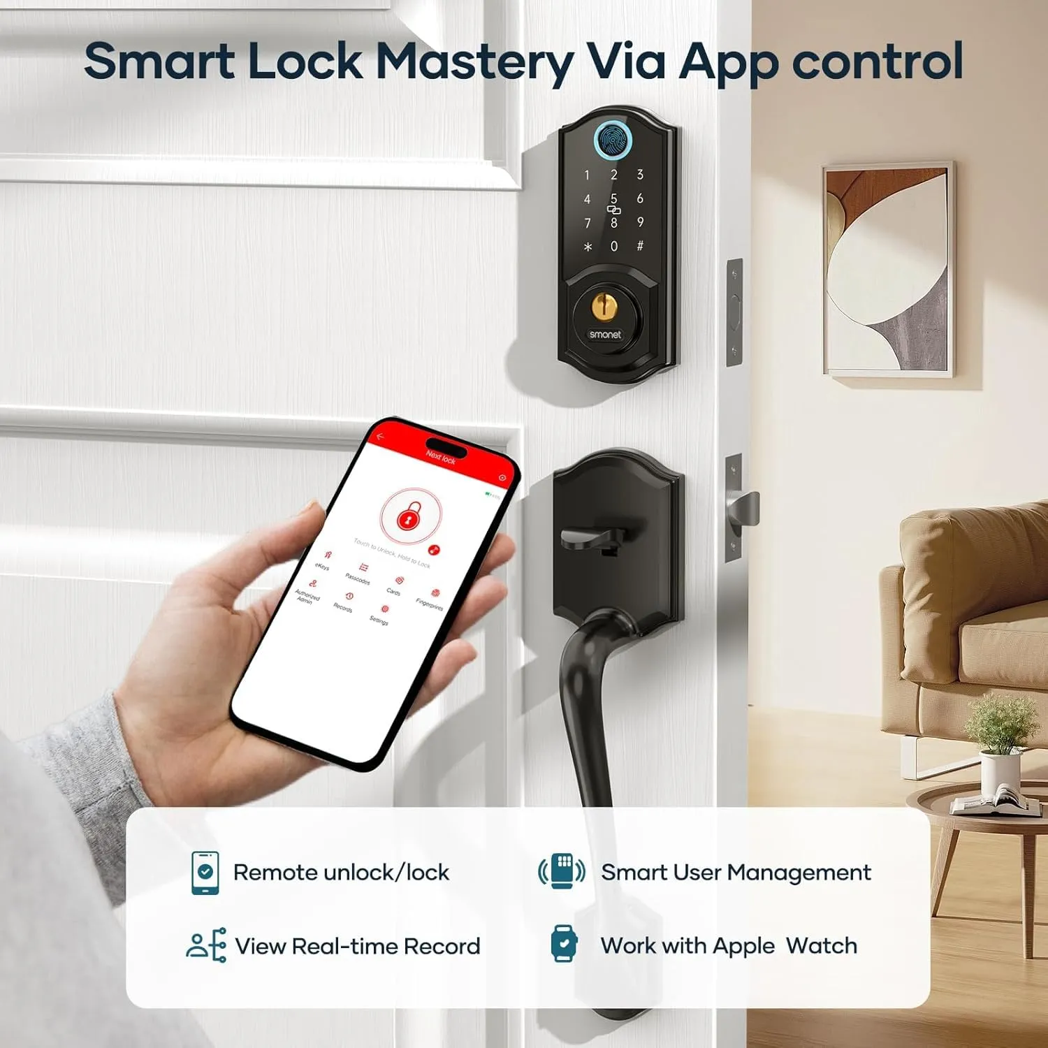 SMONET Smart Fingerprint Deadbolt Front Door Lock with Handle - Keyless Entry, Bluetooth, Digital Keypad, Auto Lock, Works with Alexa - Black