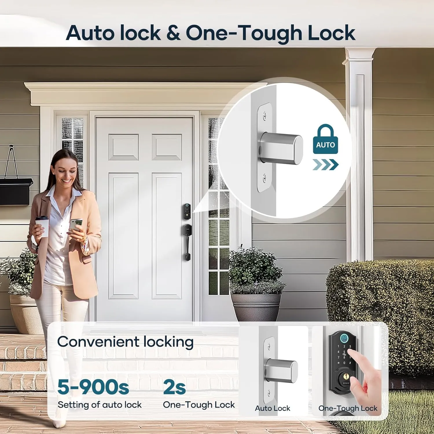 SMONET Smart Fingerprint Deadbolt Front Door Lock with Handle - Keyless Entry, Bluetooth, Digital Keypad, Auto Lock, Works with Alexa - Black