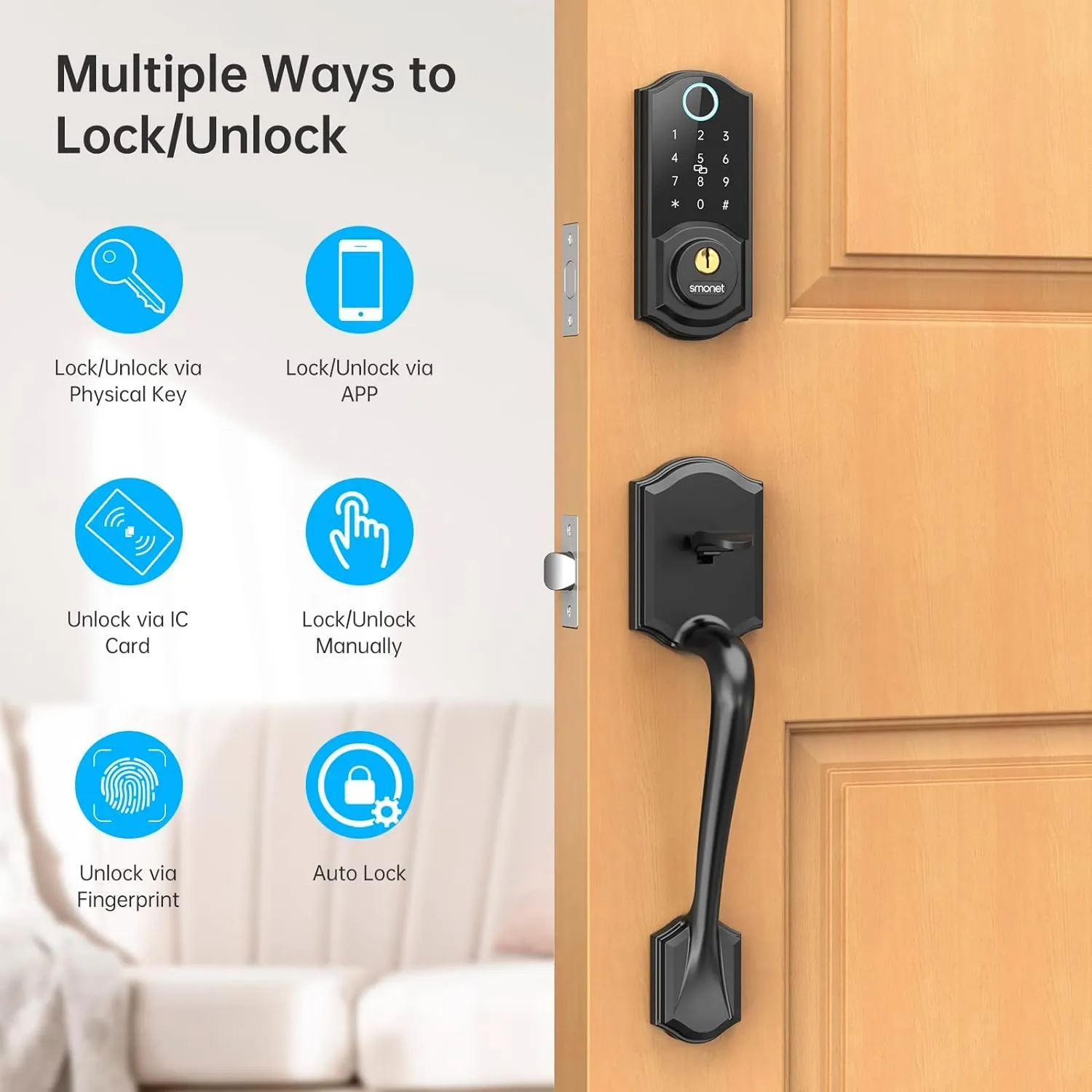 SMONET Smart Fingerprint Deadbolt Front Door Lock with Handle - Keyless Entry, Bluetooth, Digital Keypad, Auto Lock, Works with Alexa - Black