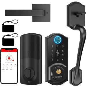 SMONET Smart Fingerprint Deadbolt Front Door Lock with Handle - Keyless Entry, Bluetooth, Digital Keypad, Auto Lock, Works with Alexa - Black
