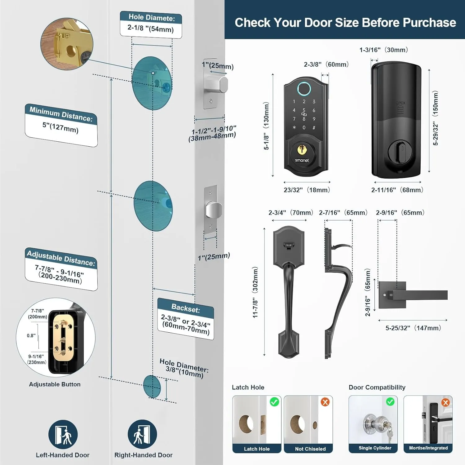 SMONET Smart Fingerprint Deadbolt Front Door Lock with Handle - Keyless Entry, Bluetooth, Digital Keypad, Auto Lock, Works with Alexa - Black