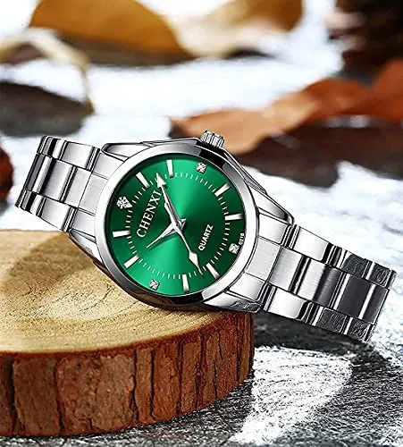 Watches for Women Analog Quartz Silver Stainless Steel Watches Luminous Waterproof Ladies Dress Watch (021 Green)