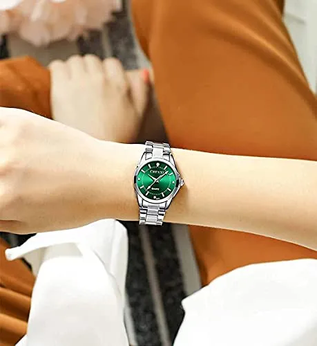 Watches for Women Analog Quartz Silver Stainless Steel Watches Luminous Waterproof Ladies Dress Watch (021 Green)