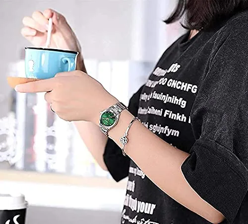 Watches for Women Analog Quartz Silver Stainless Steel Watches Luminous Waterproof Ladies Dress Watch (021 Green)