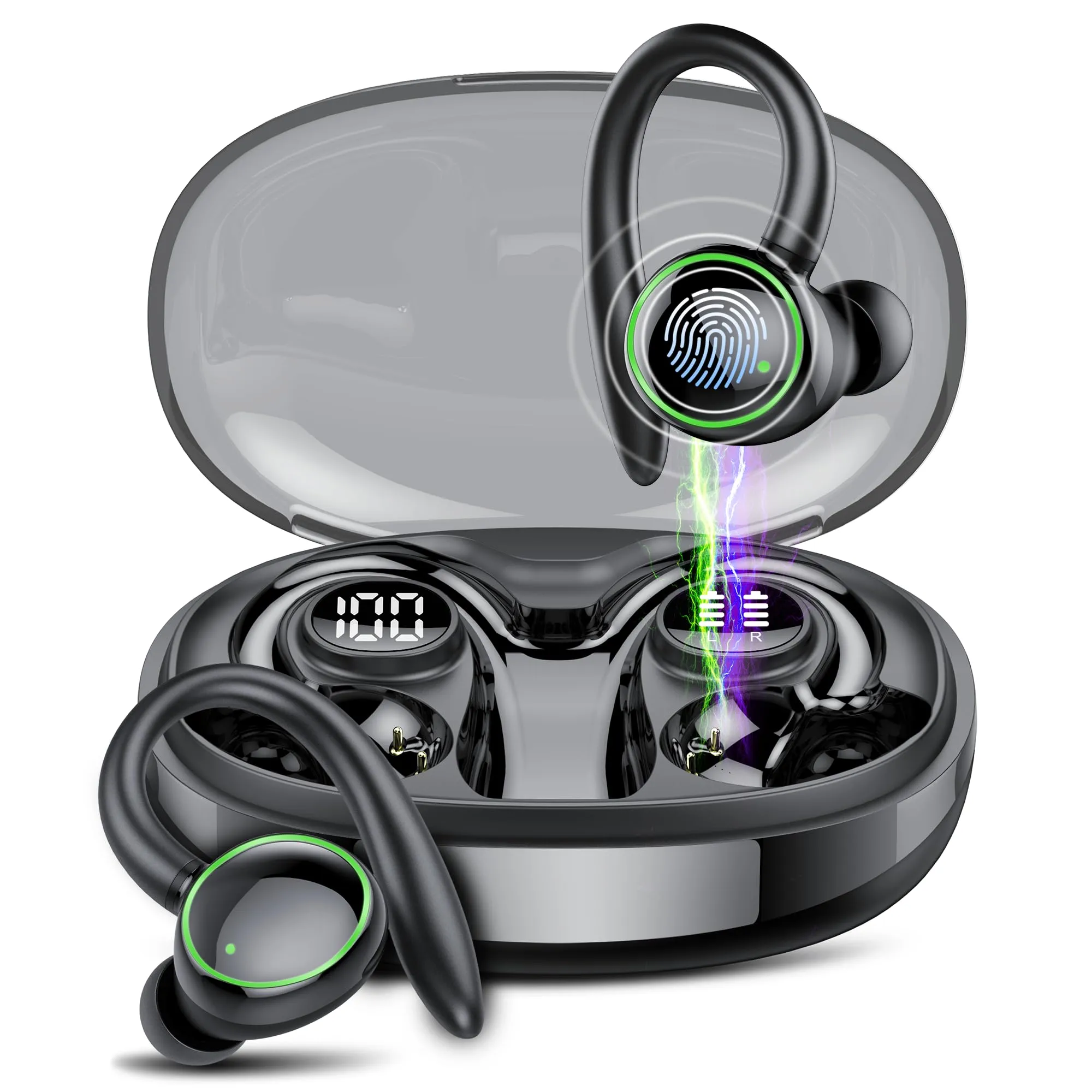 Wireless Earbuds, Bluetooth 5.3 Headphones Sport, Over Ear Buds With ENC Noise Cancelling Mic, 48H, Wireless Earphone With Earhooks, Stereo Deep Bass, IP7 Waterproof Headset for Workout Running, Black