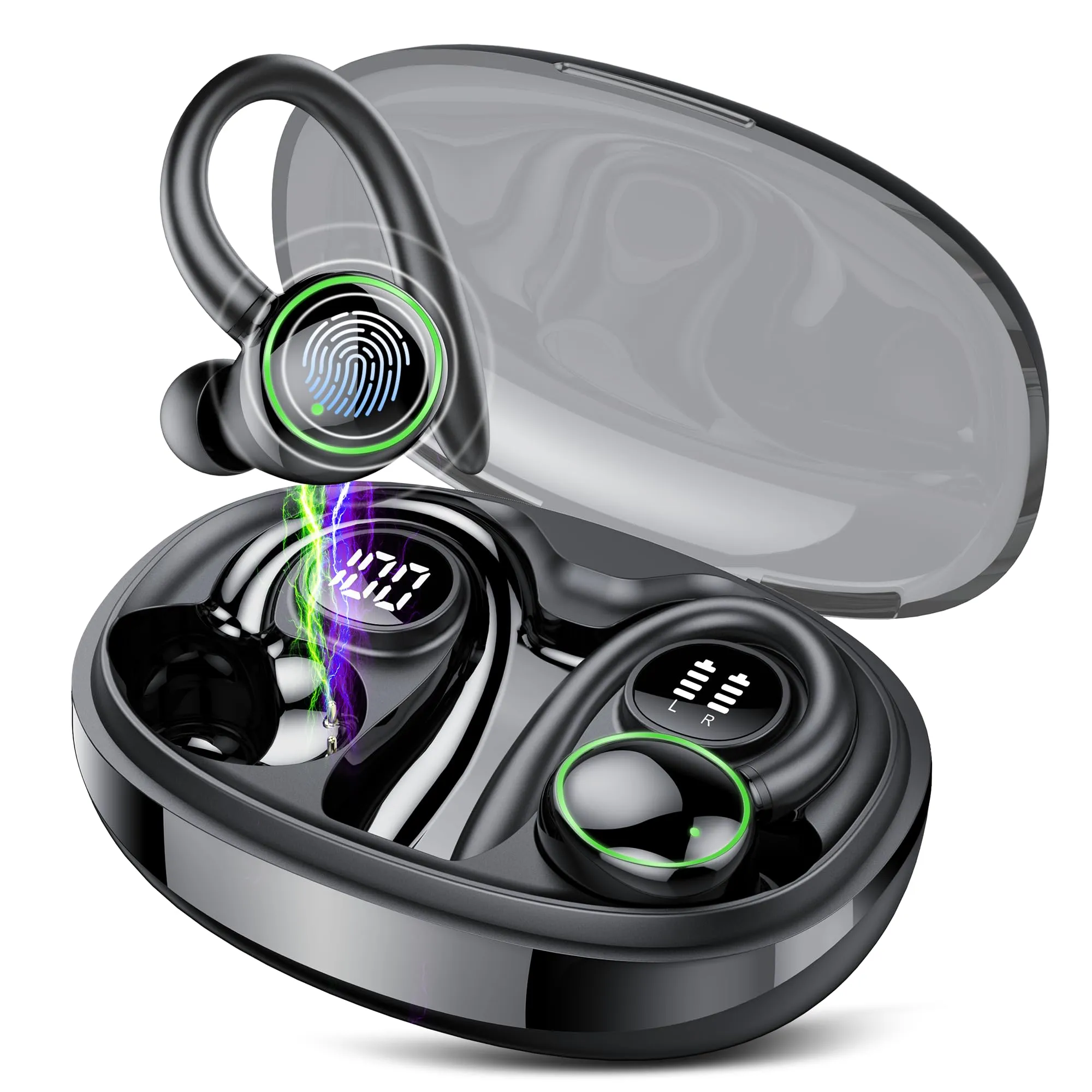 Wireless Earbuds, Bluetooth 5.3 Headphones Sport, Over Ear Buds With ENC Noise Cancelling Mic, 48H, Wireless Earphone With Earhooks, Stereo Deep Bass, IP7 Waterproof Headset for Workout Running, Black