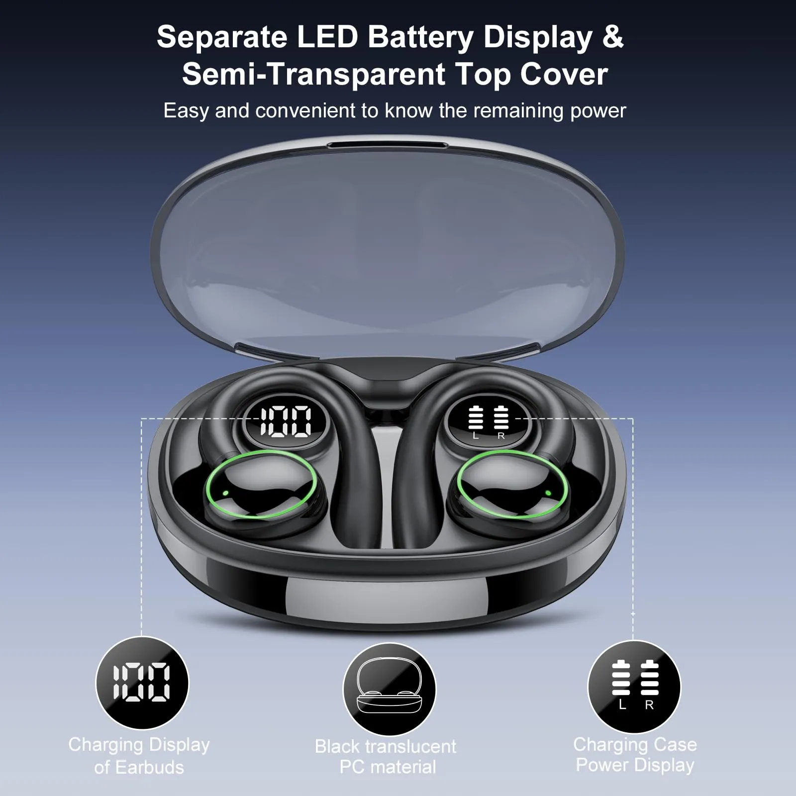Wireless Earbuds, Bluetooth 5.3 Headphones Sport, Over Ear Buds With ENC Noise Cancelling Mic, 48H, Wireless Earphone With Earhooks, Stereo Deep Bass, IP7 Waterproof Headset for Workout Running, Black