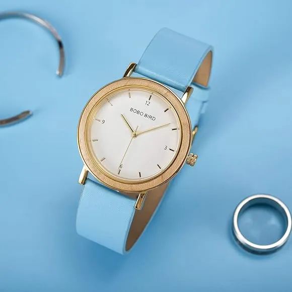 Women's wooden blue elegant watch